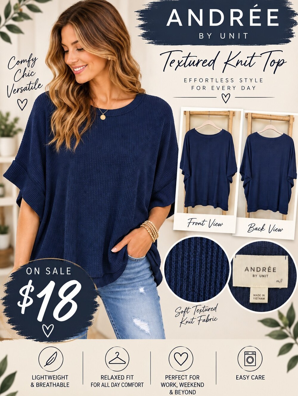 ANDREE BY UNIT Navy Textured Knit Relaxed Boxy Top